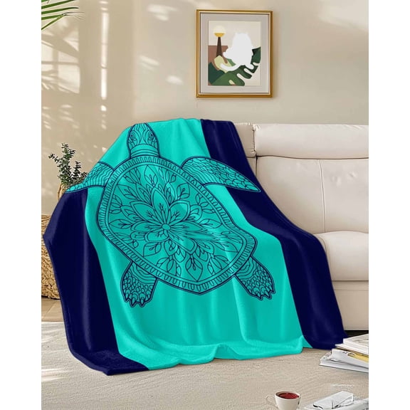 Throw Blanket Fleece Throw Blanket 50x60in, Teal Sea Turtle Dark Blue Geometric Soft Lightweight Bed Blankets Summer Marine Animal Fuzzy Couch Blankets for All Season
