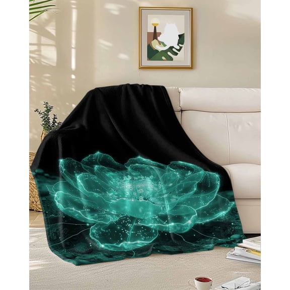 Throw Blanket Fleece Throw Blanket 50x60in, Teal Watercolor Transparent Flower Soft Lightweight Bed Blankets Blooms Floral on Black Fuzzy Couch Blankets for All Season
