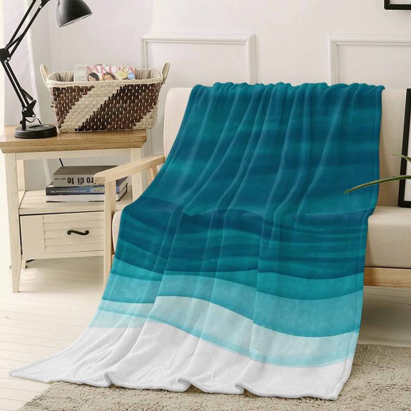 Throw Blanket Fleece Throw Blanket 50x60in, Teal White Ripple Gradient Soft Lightweight Bed Blankets Watercolor Art Fuzzy Couch Blankets for All Season