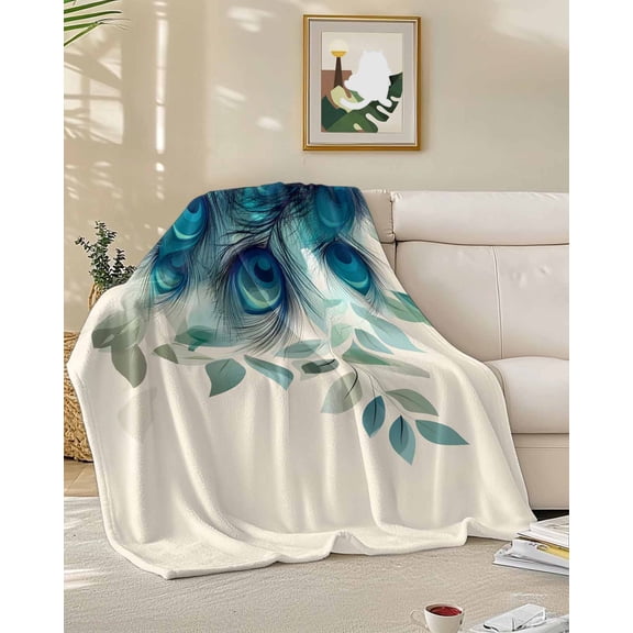 Throw Blanket Fleece Throw Blanket 50x60in, Tropical Peacock Feathers Soft Lightweight Bed Blankets Classic Gradient Teal Pattern Fuzzy Couch Blankets for All Season