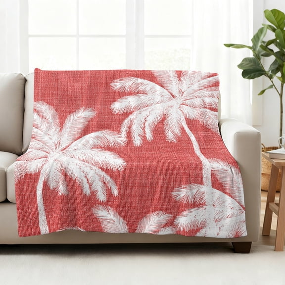 Throw Blanket Fleece Throw Blanket 50x60in, Tropical Trees Coral Red Burlap Soft Lightweight Bed Blankets Summer Coconut Tree Silhouette Fuzzy Couch Blankets for All Season