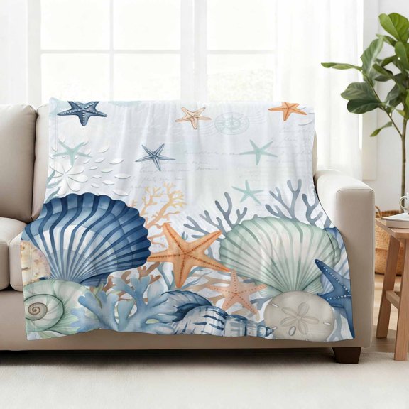 Throw Blanket Fleece Throw Blanket 50x60in, Underwater Shells Starfish on Blue Soft Lightweight Bed Blankets Colorful Coral Fuzzy Couch Blankets for All Season