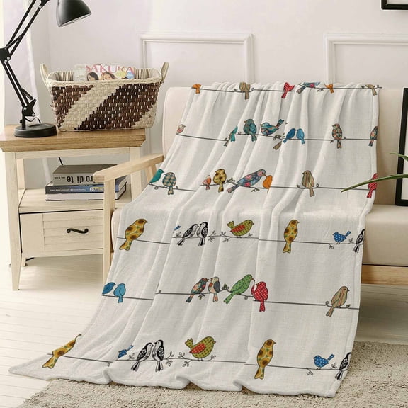 Throw Blanket Fleece Throw Blanket 50x60in, Vintage Birds Sparrows on Lines Soft Lightweight Bed Blankets Retro Farm Birds Fuzzy Couch Blankets for All Season