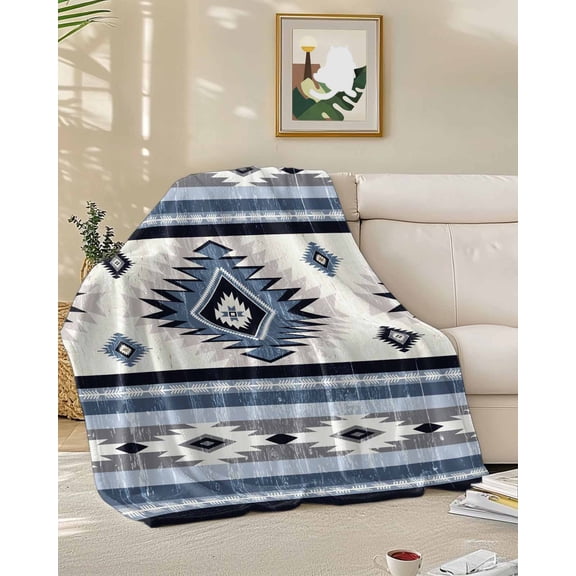 Throw Blanket Fleece Throw Blanket 50x60in, Vintage Blue Aztec Geometric Soft Lightweight Bed Blankets Abstract Ethnic Patchwork Fuzzy Couch Blankets for All Season