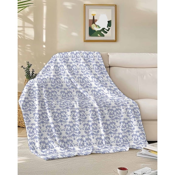 Throw Blanket Fleece Throw Blanket 50x60in, Vintage Blue Floral Texture Soft Lightweight Bed Blankets Baroque Blossom Flower Fuzzy Couch Blankets for All Season