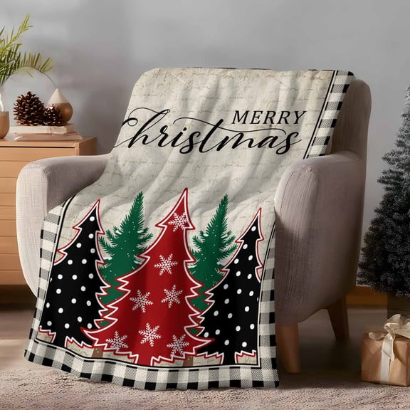 Throw Blanket Fleece Throw Blanket 50x60in, Vintage Christmas Tree Soft Lightweight Bed Blankets Black White Plaid on Linen Fuzzy Couch Blankets for All Season