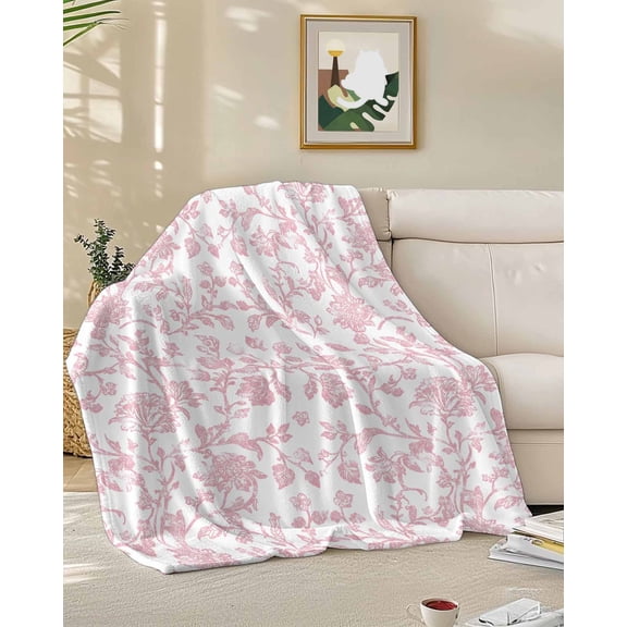 Throw Blanket Fleece Throw Blanket 50x60in, Vintage Farmhouse Pink Flower on White Soft Lightweight Bed Blankets Pastoral Botanical Fuzzy Couch Blankets for All Season