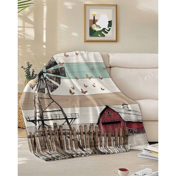 Throw Blanket Fleece Throw Blanket 50x60in, Vintage Farmhouse Windmill House Soft Lightweight Bed Blankets Rural Butterfly Wood Grain Fuzzy Couch Blankets for All Season