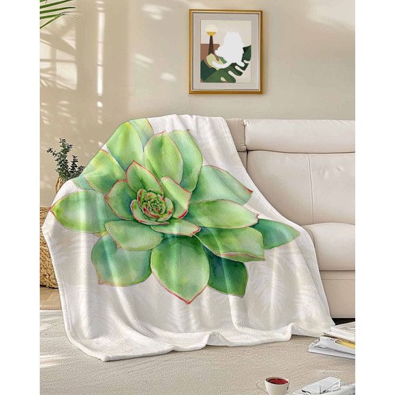 Throw Blanket Fleece Throw Blanket 50x60in, Vintage Green Succulents Soft Lightweight Bed Blankets Country Plant on Linen Fuzzy Couch Blankets for All Season