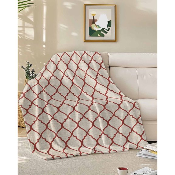 Throw Blanket Fleece Throw Blanket 50x60in, Vintage Moroccan Lattice Pastoral Style Soft Lightweight Bed Blankets Retro Linen Texture Fuzzy Couch Blankets for All Season