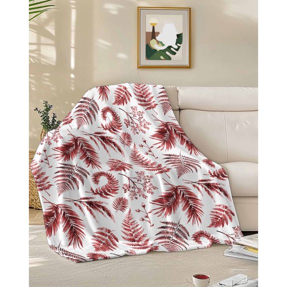 Throw Blanket Fleece Throw Blanket 50x60in, Vintage Pastoral Red Herbs Soft Lightweight Bed Blankets Country Ferns Art Fuzzy Couch Blankets for All Season