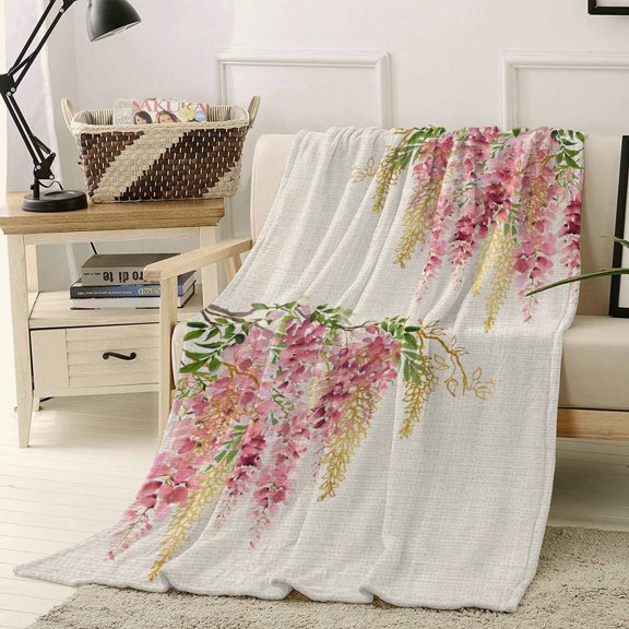 Throw Blanket Fleece Throw Blanket 50x60in, Vintage Pink Purple Vineflowers Soft Lightweight Bed Blankets Spring Flowers Leaves Fuzzy Couch Blankets for All Season