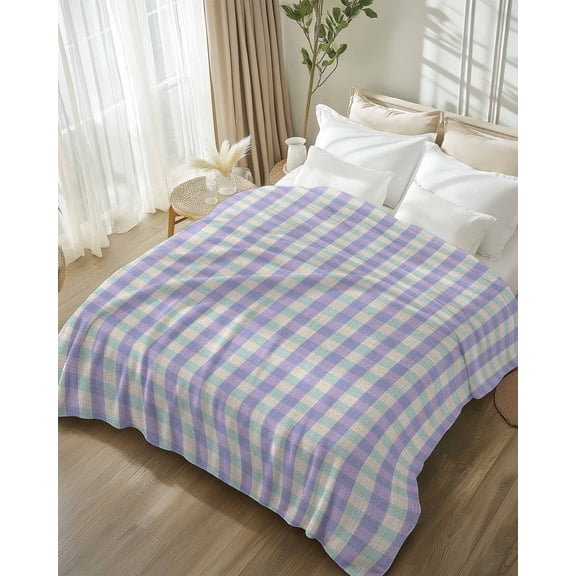 Throw Blanket Fleece Throw Blanket 50x60in, Vintage Purple Pink Gingham Check Soft Lightweight Bed Blankets Watercolor Buffalo Check Fuzzy Couch Blankets for All Season