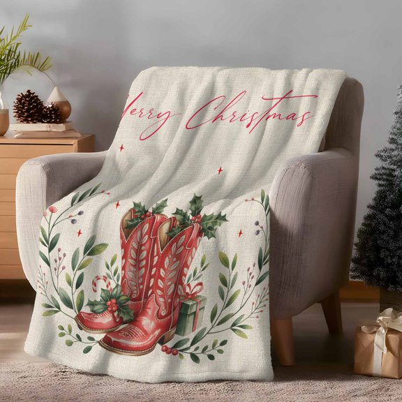 Throw Blanket Fleece Throw Blanket 50x60in, Vintage Red Boots on Linen Soft Lightweight Bed Blankets Green Leaf Christmas Theme Fuzzy Couch Blankets for All Season