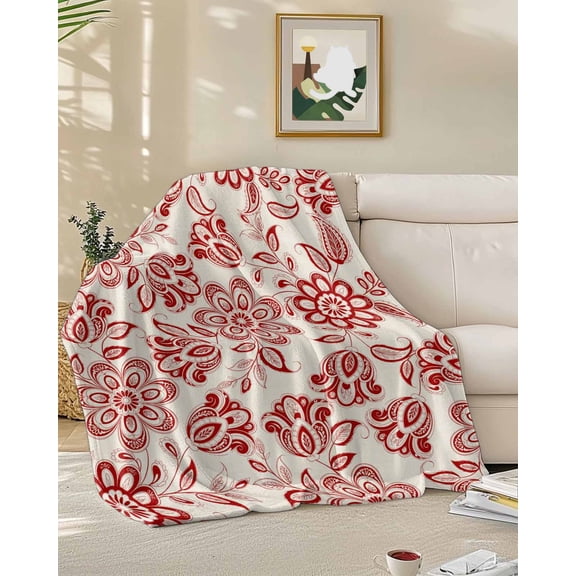 Throw Blanket Fleece Throw Blanket 50x60in, Vintage Red Flower Leaf Pattern Soft Lightweight Bed Blankets Ethnic Tribal Paisley Texture Fuzzy Couch Blankets for All Season