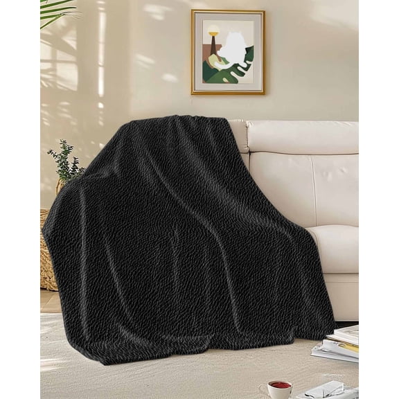 Throw Blanket Fleece Throw Blanket 50x60in, Vintage Solid Black Leather Soft Lightweight Bed Blankets Retro Cowhide Texture Fuzzy Couch Blankets for All Season