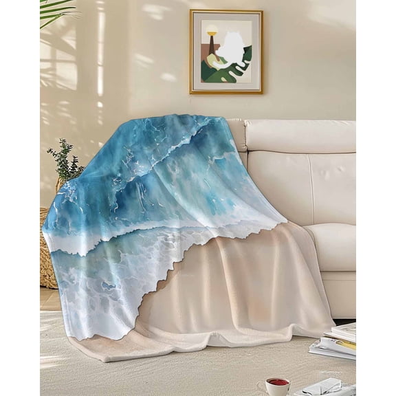 Throw Blanket Fleece Throw Blanket 50x60in, Watercolor Abstract Coastal Beach Soft Lightweight Bed Blankets Ocean Spray Blue Sea Wave Fuzzy Couch Blankets for All Season