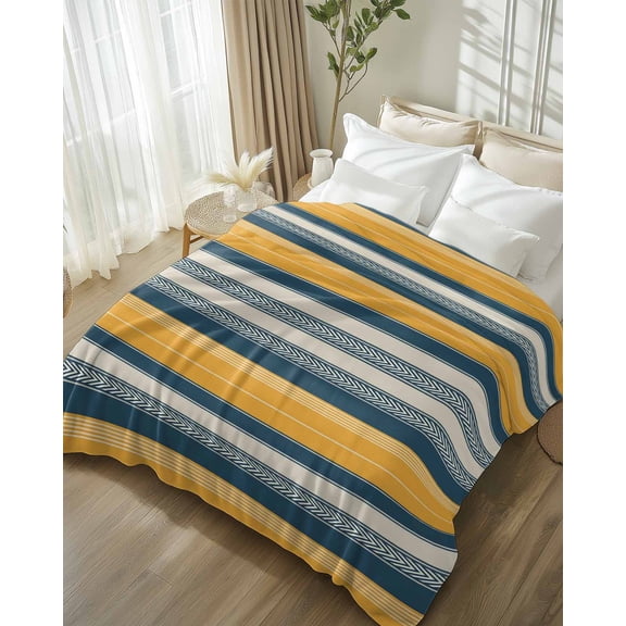 Throw Blanket Fleece Throw Blanket 50x60in, Watercolor Blue Yellow Lines Soft Lightweight Bed Blankets Abstract Stripes Fuzzy Couch Blankets for All Season