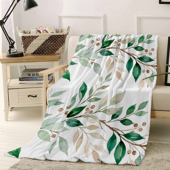 Throw Blanket Fleece Throw Blanket 50x60in, Watercolor Botanical Leaves Berry Soft Lightweight Bed Blankets Spring Summer Plant Leaf Fuzzy Couch Blankets for All Season