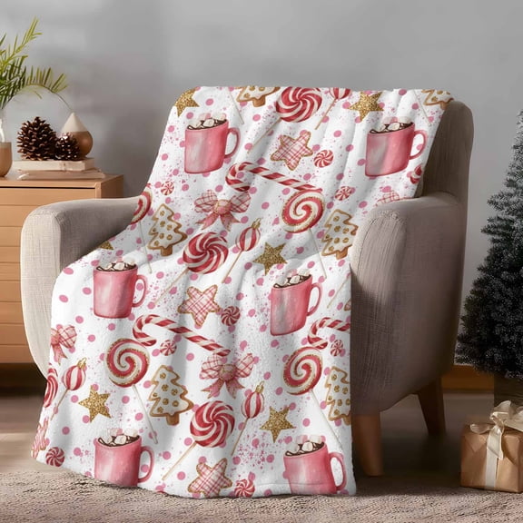 Throw Blanket Fleece Throw Blanket 50x60in, Watercolor Christmas Candy Cane Soft Lightweight Bed Blankets Pink Cup Fuzzy Couch Blankets for All Season