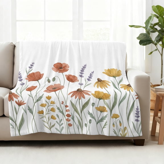 Throw Blanket Fleece Throw Blanket 50x60in, Watercolor Daisies Lavender Soft Lightweight Bed Blankets Country Floral Art Fuzzy Couch Blankets for All Season