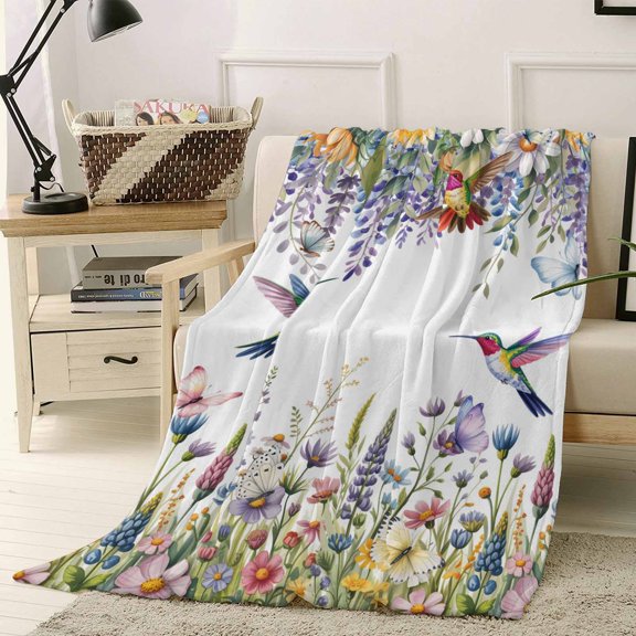 Throw Blanket Fleece Throw Blanket 50x60in, Watercolor Daisy Sunflower Bird Soft Lightweight Bed Blankets Spring Garden Floral Art Fuzzy Couch Blankets for All Season