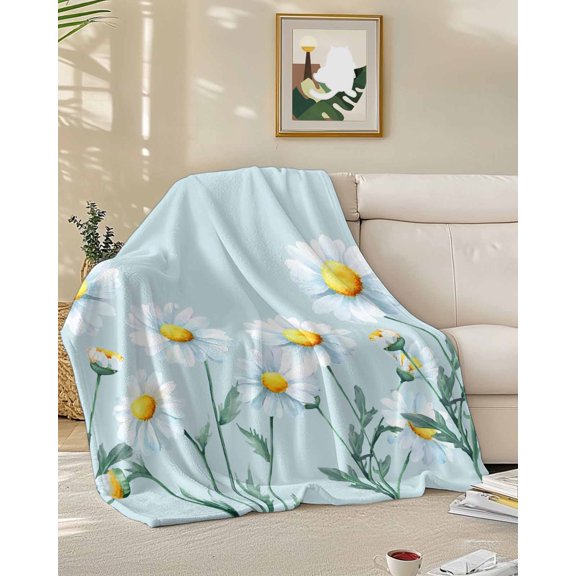 Throw Blanket Fleece Throw Blanket 50x60in, Watercolor Farm Daisy Soft Lightweight Bed Blankets Country Flowers on Light Blue Fuzzy Couch Blankets for All Season