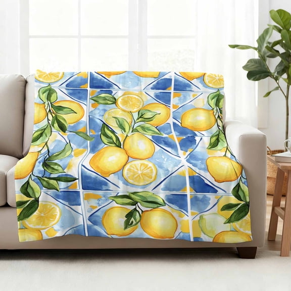 Throw Blanket Fleece Throw Blanket 50x60in, Watercolor Farm Yellow Lemon Green Leaves Soft Lightweight Bed Blankets Blue Ice Cubes Fuzzy Couch Blankets for All Season