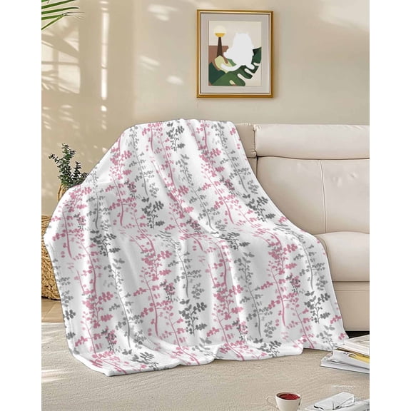 Throw Blanket Fleece Throw Blanket 50x60in, Watercolor Farmhouse Leaf Soft Lightweight Bed Blankets Pink Gray Rustic Plant Fuzzy Couch Blankets for All Season