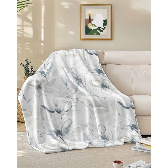 Throw Blanket Fleece Throw Blanket 50x60in, Watercolor Floral Grey Beige Soft Lightweight Bed Blankets Farmhouse Wild Flower Fuzzy Couch Blankets for All Season