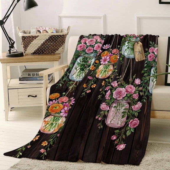 Throw Blanket Fleece Throw Blanket 50x60in, Watercolor Flower Leaves Case Soft Lightweight Bed Blankets Spring Floral Brown Wood Grain Fuzzy Couch Blankets for All Season