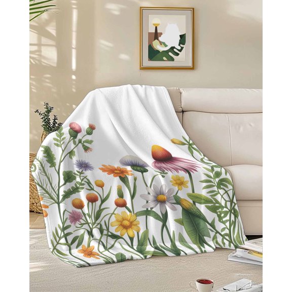 Throw Blanket Fleece Throw Blanket 50x60in, Watercolor Garden Floral Art Soft Lightweight Bed Blankets Country Blossom Flower Leaves Fuzzy Couch Blankets for All Season