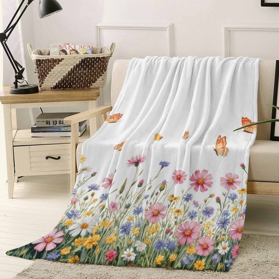 Throw Blanket Fleece Throw Blanket 50x60in, Watercolor Garden Wildflower Soft Lightweight Bed Blankets Spring Floral Butterfly Fuzzy Couch Blankets for All Season