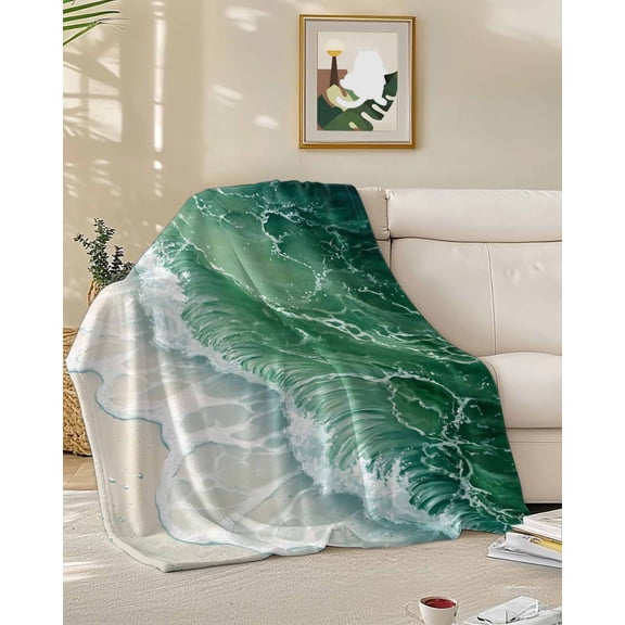 Throw Blanket Fleece Throw Blanket 50x60in, Watercolor Green Ocean Wave Texture Soft Lightweight Bed Blankets Abstract Sea Water Fuzzy Couch Blankets for All Season