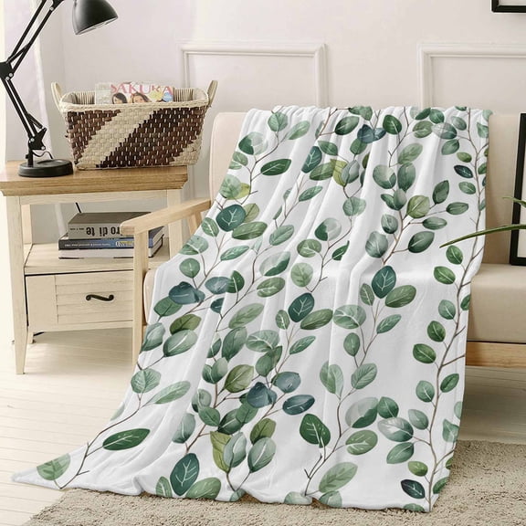 Throw Blanket Fleece Throw Blanket 50x60in, Watercolor Green Vines Soft Lightweight Bed Blankets Country Leaves Fuzzy Couch Blankets for All Season