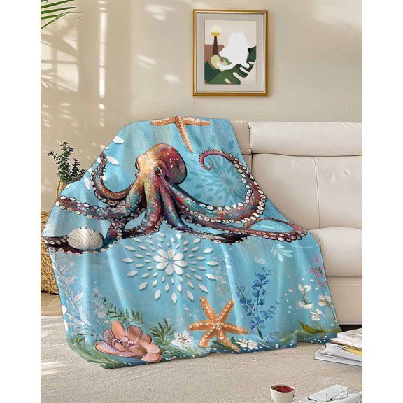 Throw Blanket Fleece Throw Blanket 50x60in, Watercolor Ocean Octopus Starfish Soft Lightweight Bed Blankets Sea Monster Fuzzy Couch Blankets for All Season