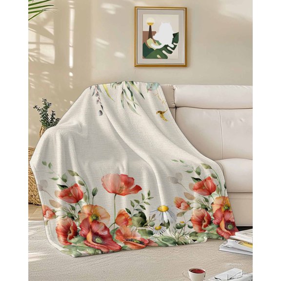 Throw Blanket Fleece Throw Blanket 50x60in, Watercolor Poppy Country Foliage Soft Lightweight Bed Blankets Ombre Botanical Retro Linen Fuzzy Couch Blankets for All Season