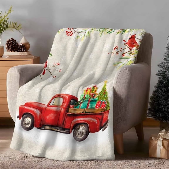 Throw Blanket Fleece Throw Blanket 50x60in, Watercolor Red Truck Bird Soft Lightweight Bed Blankets Christmas Tree Branch on Linen Fuzzy Couch Blankets for All Season