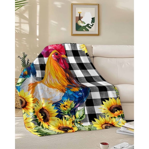 Throw Blanket Fleece Throw Blanket 50x60in, Watercolor Rustic Rooster Sunflower Soft Lightweight Bed Blankets Black White Buffalo Check Fuzzy Couch Blankets for All Season