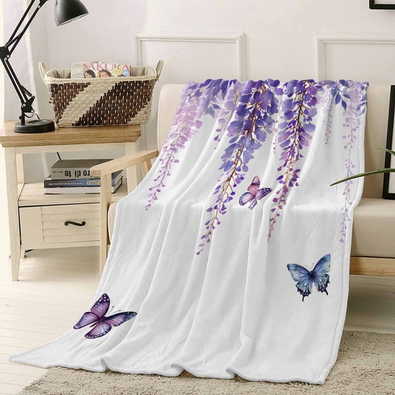 Throw Blanket Fleece Throw Blanket 50x60in, Watercolor Spring Purple Vineflowers Soft Lightweight Bed Blankets Farm Butterflies Fuzzy Couch Blankets for All Season