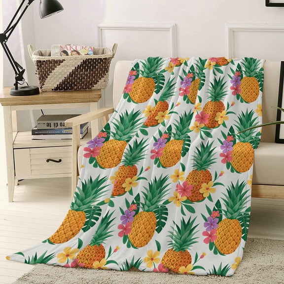 Throw Blanket Fleece Throw Blanket 50x60in, Watercolor Summer Pineapple Soft Lightweight Bed Blankets Tropical Leaves Flowers Fuzzy Couch Blankets for All Season