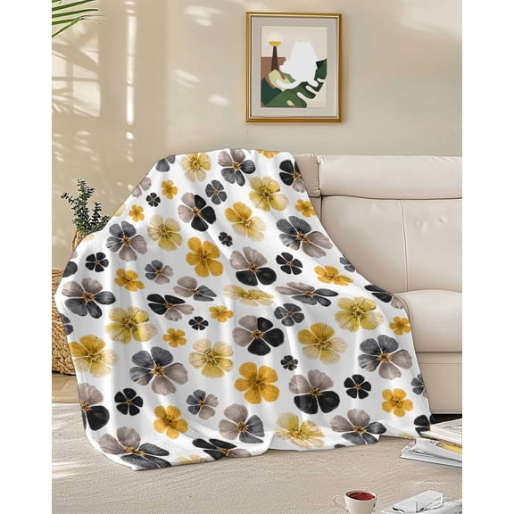 Throw Blanket Fleece Throw Blanket 50x60in, Watercolor Yellow Black Flower Soft Lightweight Bed Blankets Rustic Pastoral Botanical Fuzzy Couch Blankets for All Season