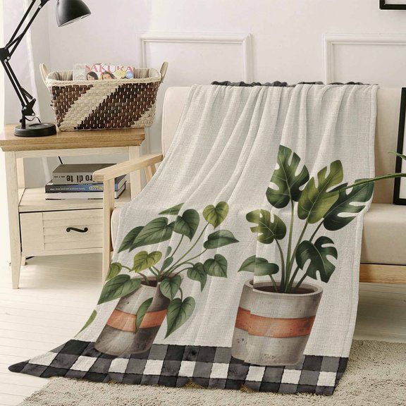 Throw Blanket Fleece Throw Blanket 50x60in, Watercolors Pots Green Leaves on Linen Soft Lightweight Bed Blankets Black Plaid Lattice Fuzzy Couch Blankets for All Season