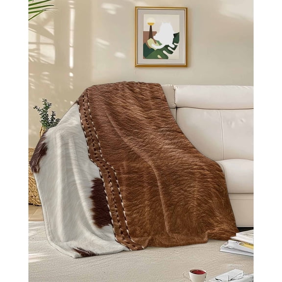 Throw Blanket Fleece Throw Blanket 50x60in, Western Cow Leather Texture Soft Lightweight Bed Blankets Abstract Brown White Cow Print Fuzzy Couch Blankets for All Season