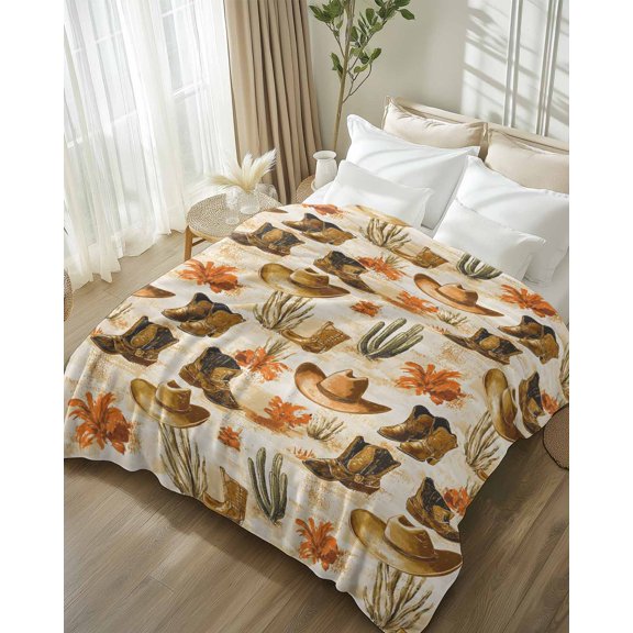 Throw Blanket Fleece Throw Blanket 50x60in, Western Retro Cowboy Boot Hat Soft Lightweight Bed Blankets Summer Desert Cactus Fuzzy Couch Blankets for All Season