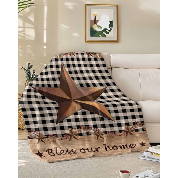 Throw Blanket Fleece Throw Blanket 50x60in, Western Star Vintage Plank Soft Lightweight Bed Blankets Farmhouse Black Buffalo Plaid Fuzzy Couch Blankets for All Season