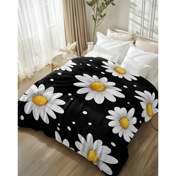 Throw Blanket Fleece Throw Blanket 50x60in, White Daisy Polka Dots on Black Soft Lightweight Bed Blankets Farmhouse Daisies Floral Fuzzy Couch Blankets for All Season