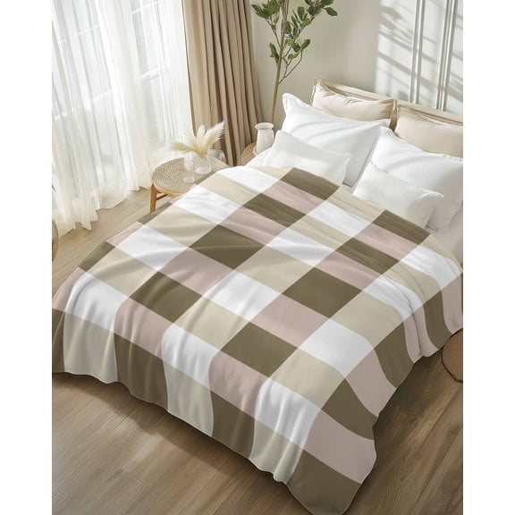 Throw Blanket Fleece Throw Blanket 50x60in, White Mocha Brown Buffalo Plaid Soft Lightweight Bed Blankets Gingham Farmhouse Fuzzy Couch Blankets for All Season