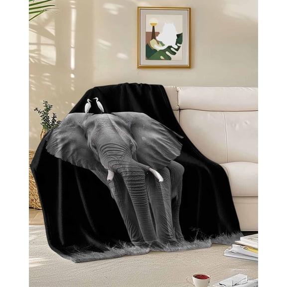 Throw Blanket Fleece Throw Blanket 50x60in, Wild Close-up Elephant on Black Soft Lightweight Bed Blankets Modern Bird Animal Art Fuzzy Couch Blankets for All Season