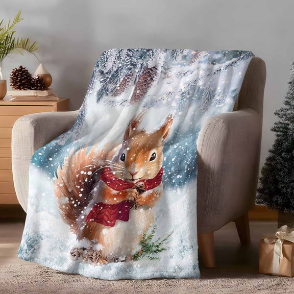 Throw Blanket Fleece Throw Blanket 50x60in, Winter Christmas Cute Squirrel Soft Lightweight Bed Blankets Watercolor Snowy Scene Fuzzy Couch Blankets for All Season